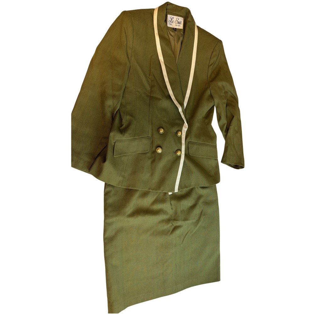 Le Suit Skirt Suit Women 14 Olive Green Excellent Vintage Double Breasted Blazer